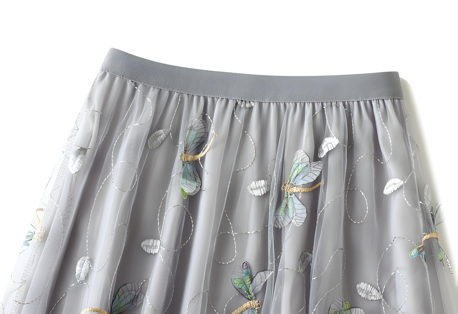 Dragonfly Embellished Floral Embroidery Grey Skirt - 1810_GRY