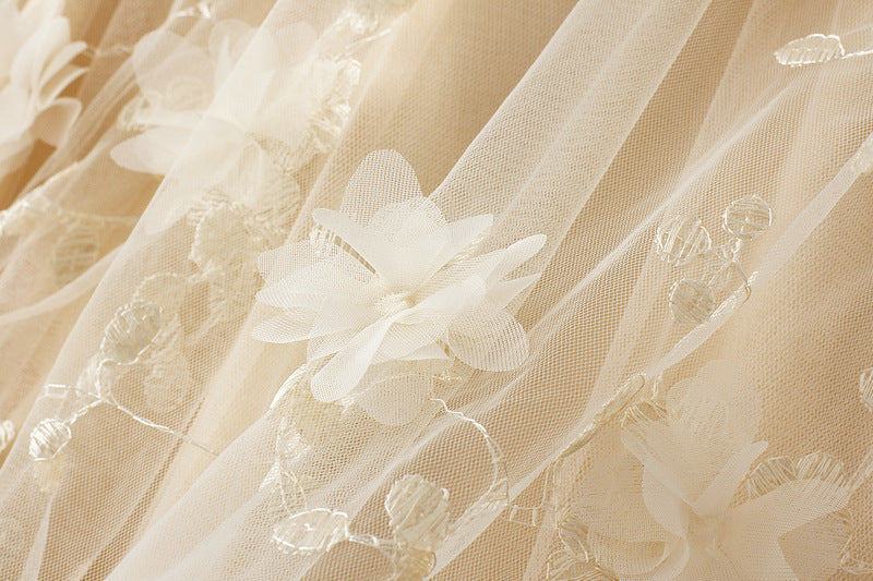 Flower Embellished and Embroidered Mesh A-Line Skirt With Satin Lining - 8692_APRICOT