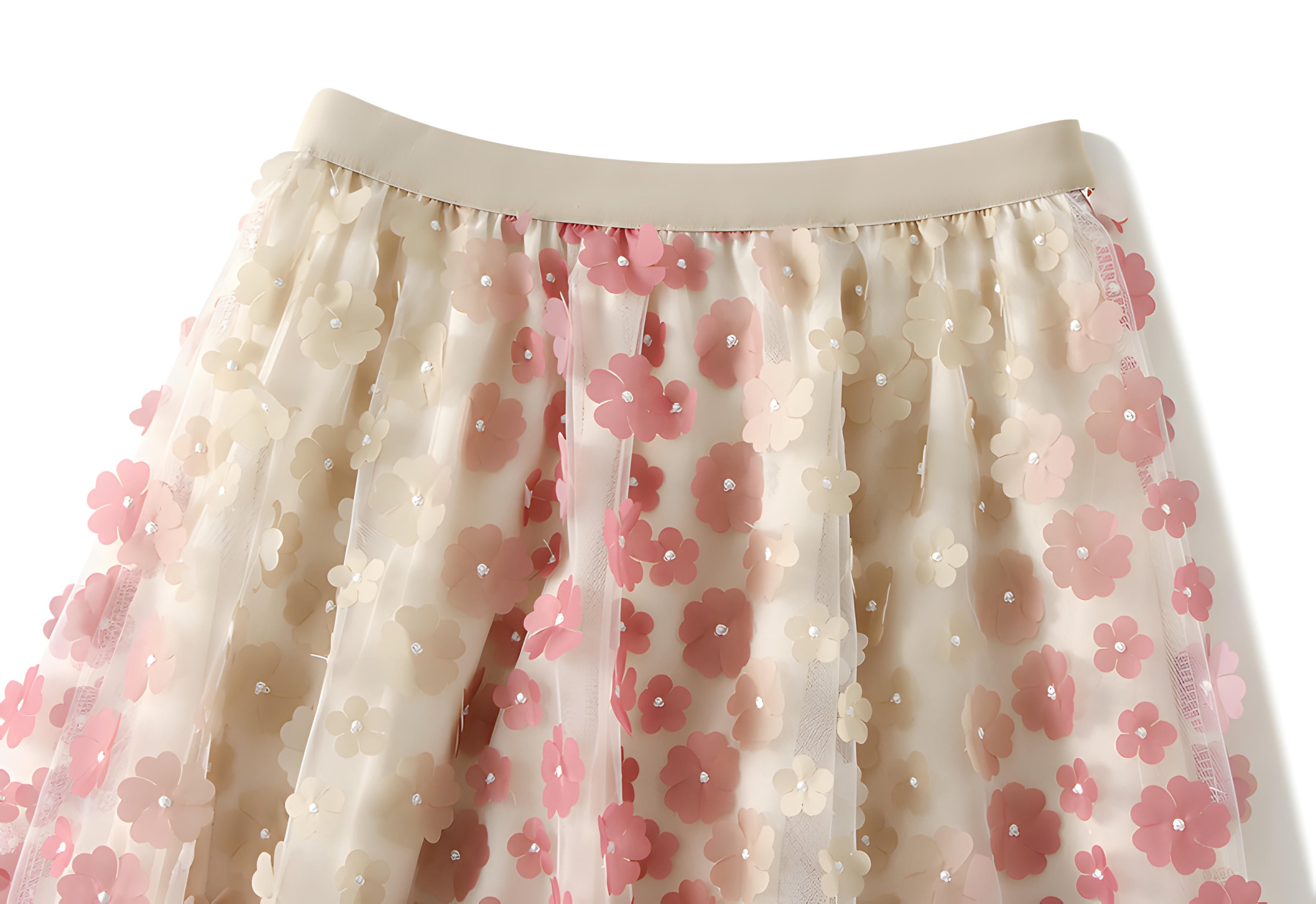 Multilayer Mesh Flower Skirt With Satin Lining - 1855_PINK