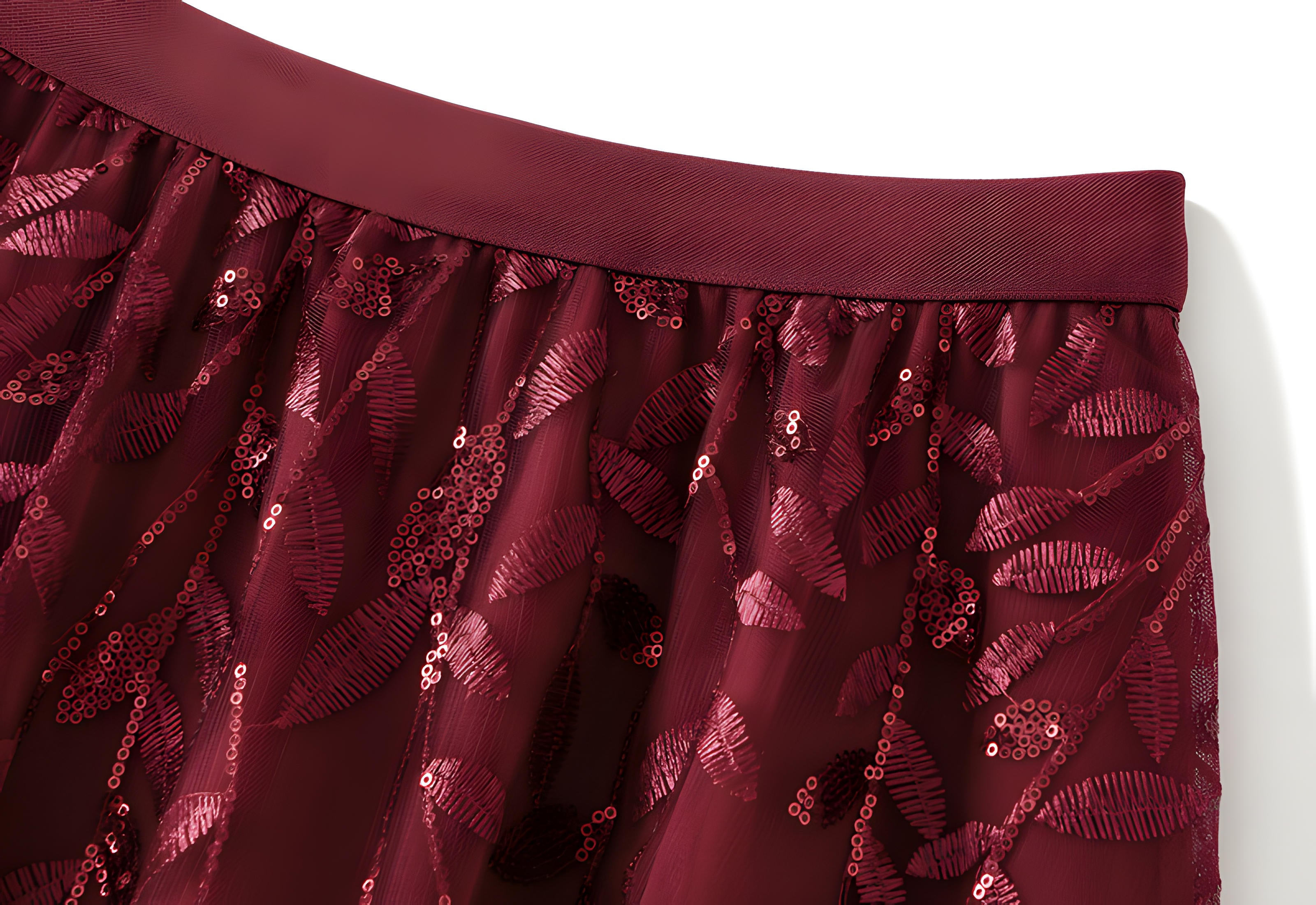Multilayer Mesh A-Line Skirt With Glittering Leaf Embroidery - 1888_WINE RED