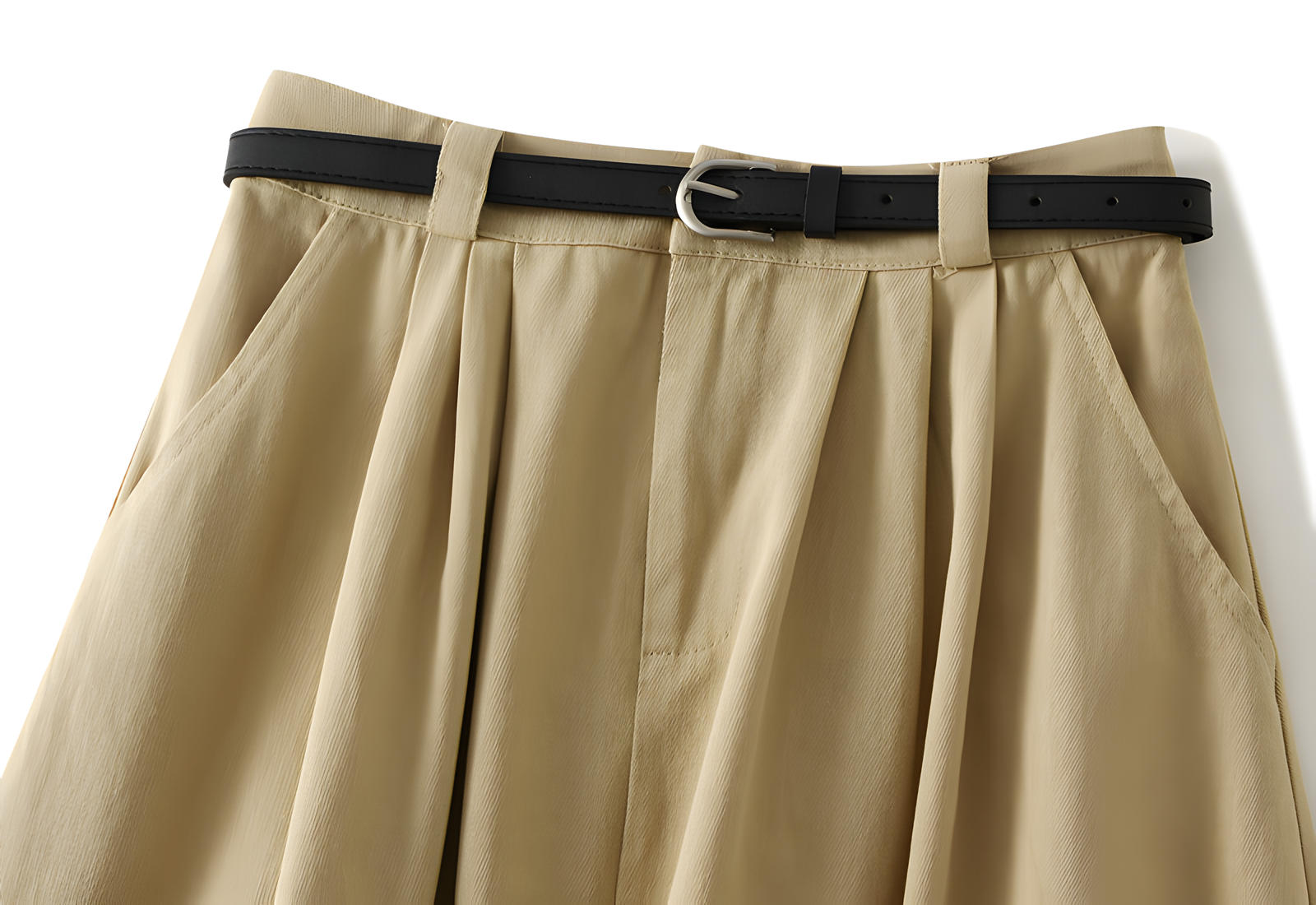 Retro Style Washed Cotton A Line Khaki Skirt With Belt And Pockets 1 MERZI Premium Skirts Shorts