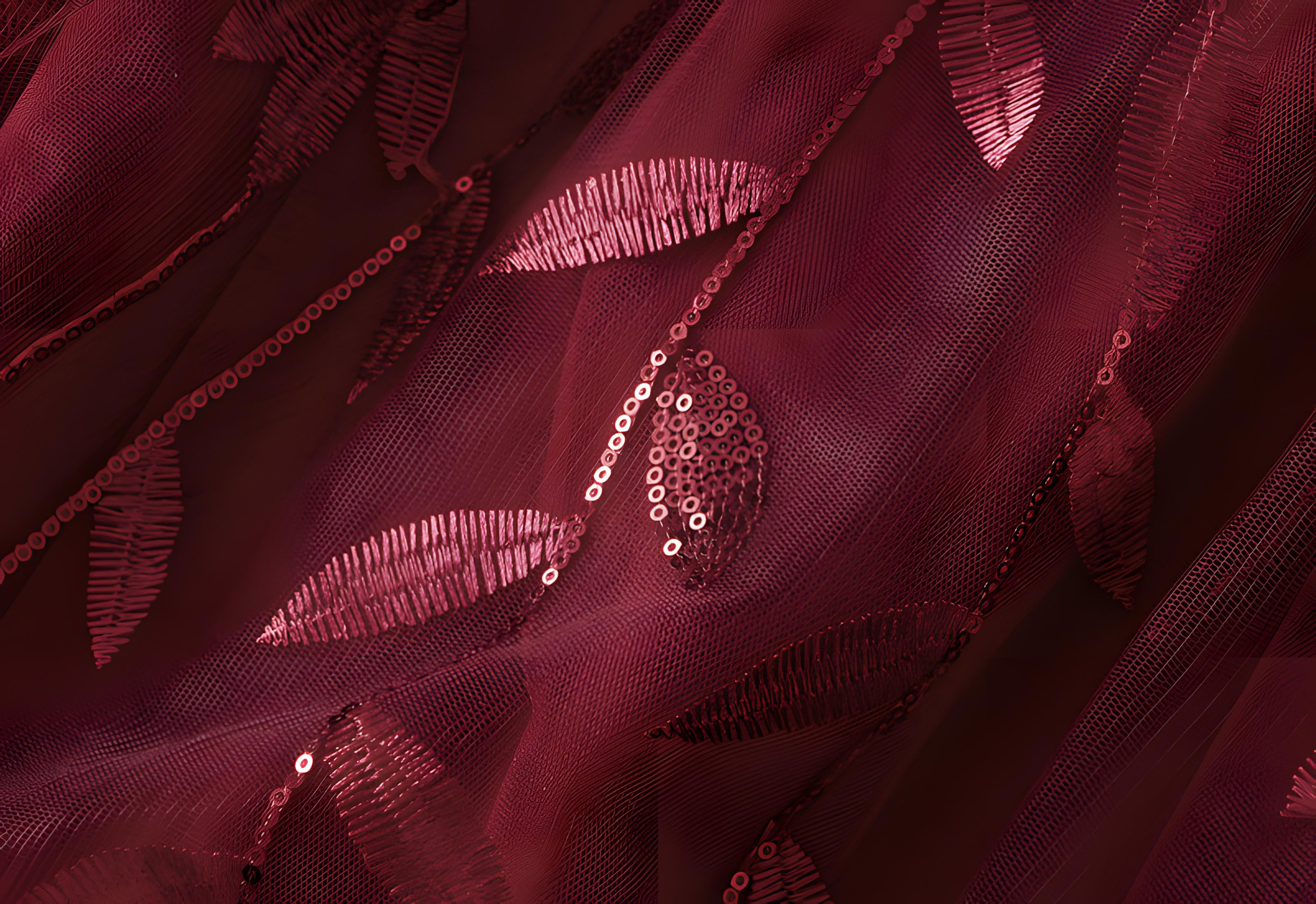 Multilayer Mesh A-Line Skirt With Glittering Leaf Embroidery - 1888_WINE RED