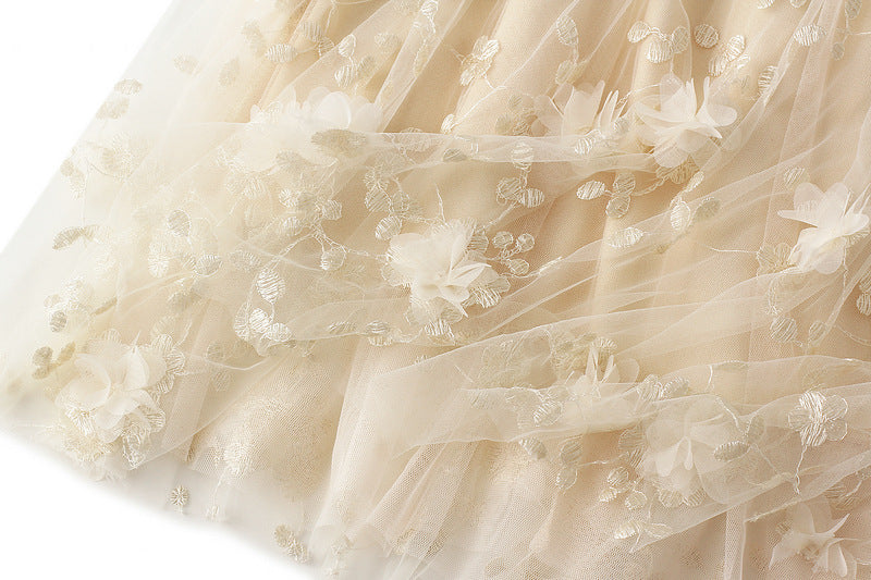 Flower Embellished and Embroidered Mesh A-Line Skirt With Satin Lining - 8692_APRICOT