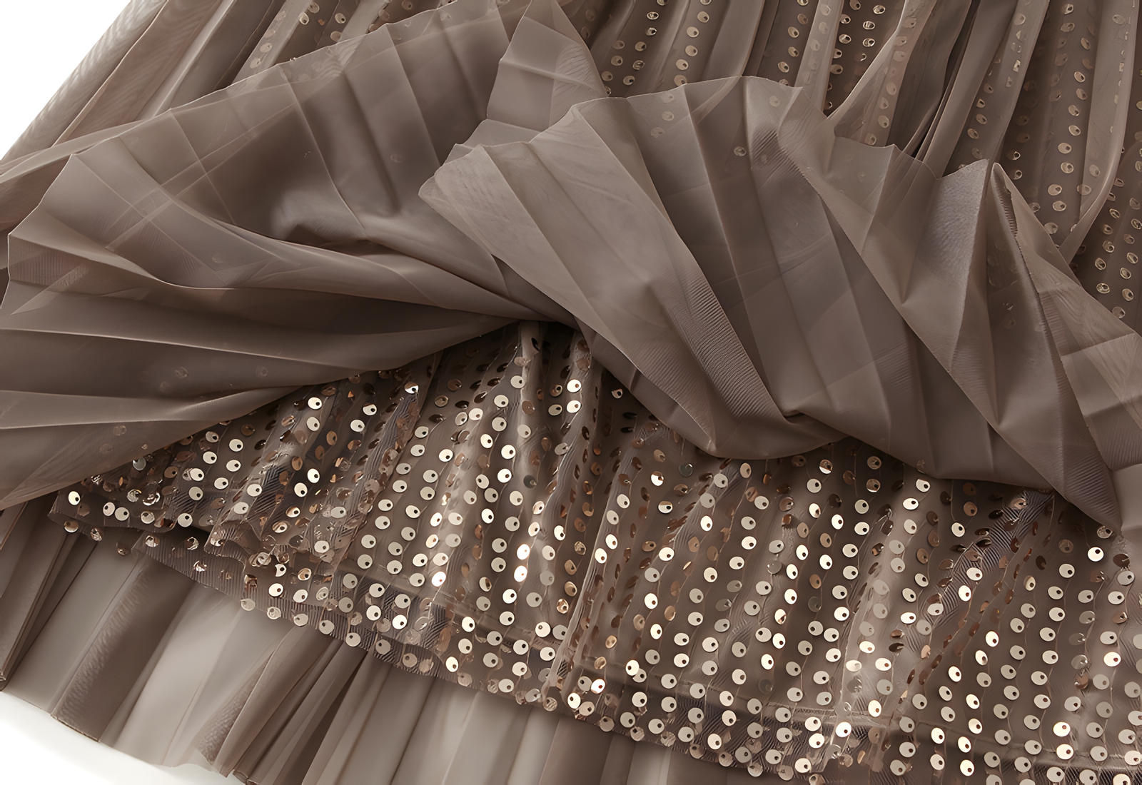 Multilayer Mesh and Sequinned A-Line Skirt with Satin Lining - K503_KHAKI