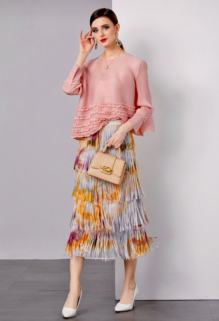 Golden Dawn Fringe Skirt With Tie And Dye Printing - 792614816517_YEL