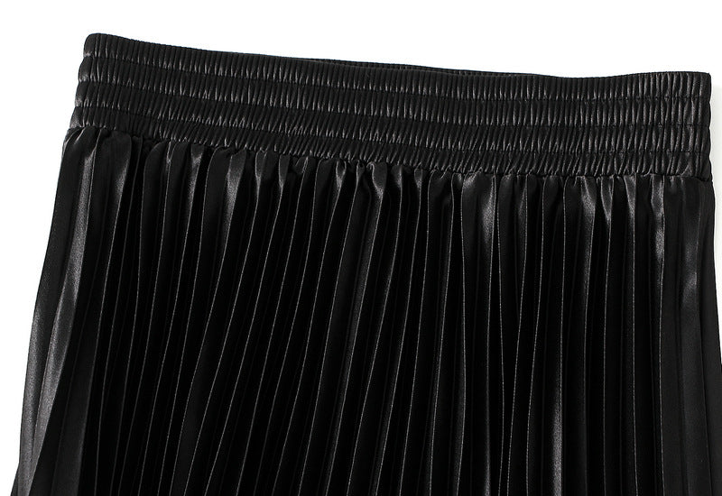 High-Gloss Pleated A-Line Skirt - 8059_BLACK