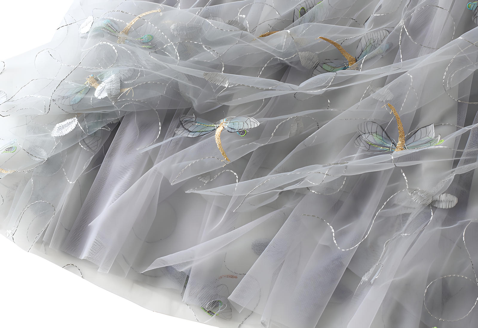 Dragonfly Embellished Floral Embroidery Grey Skirt - 1810_GRY