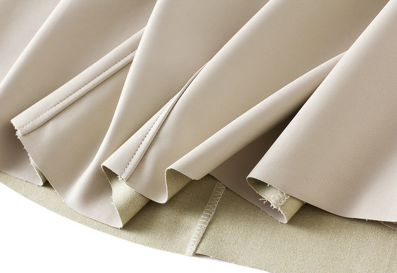 A-Line PU Leather Brown Umbrella Skirt - Q801_APRICOT