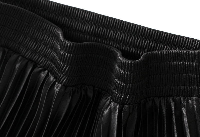 High-Gloss Pleated A-Line Skirt - 8059_BLACK