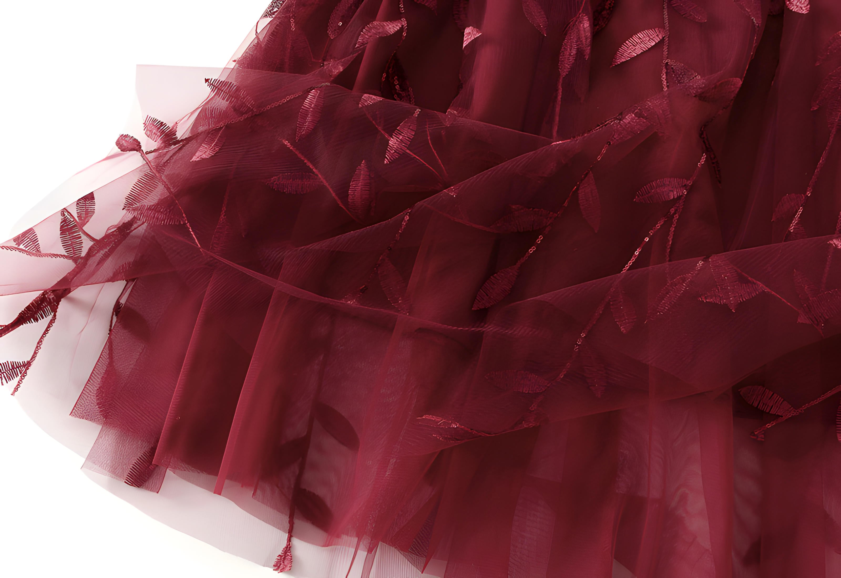 Multilayer Mesh A-Line Skirt With Glittering Leaf Embroidery - 1888_WINE RED