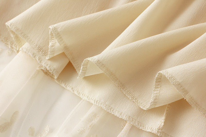 Flower Embellished and Embroidered Mesh A-Line Skirt With Satin Lining - 8692_APRICOT