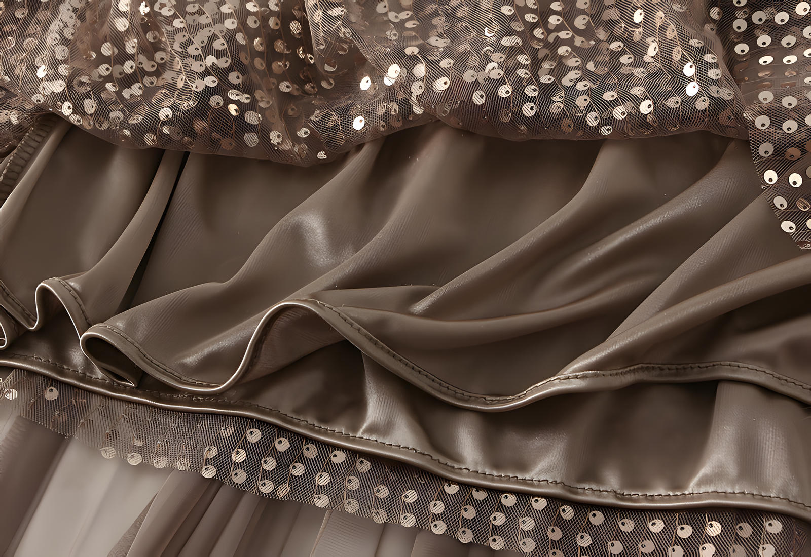 Multilayer Mesh and Sequinned A-Line Skirt with Satin Lining - K503_KHAKI