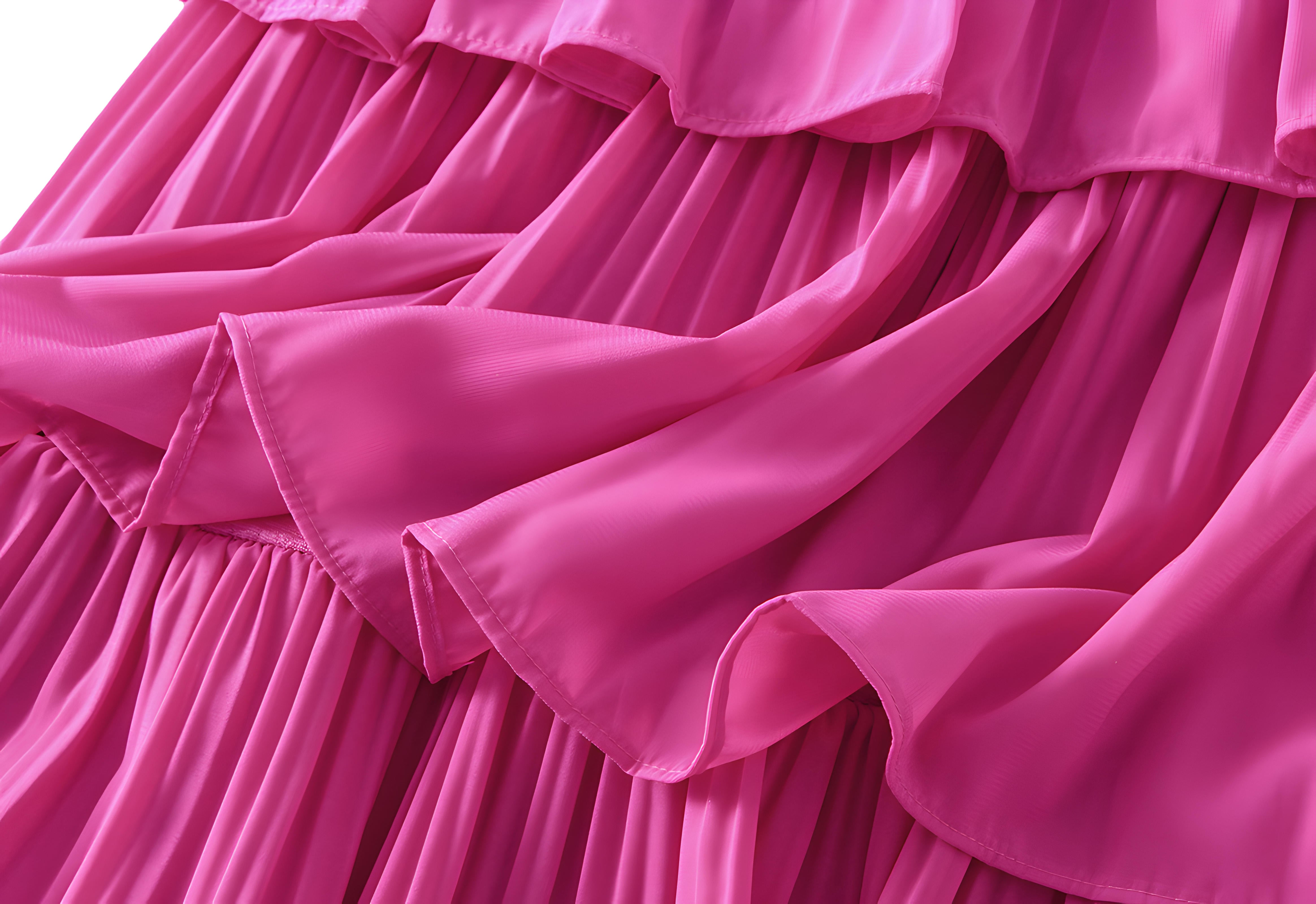 Mushroom Edge Pleated Skirt With Satin Lining - 1020_ROSE RED