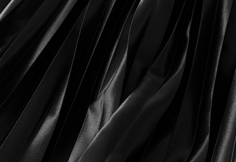 High-Gloss Pleated A-Line Skirt - 8059_BLACK