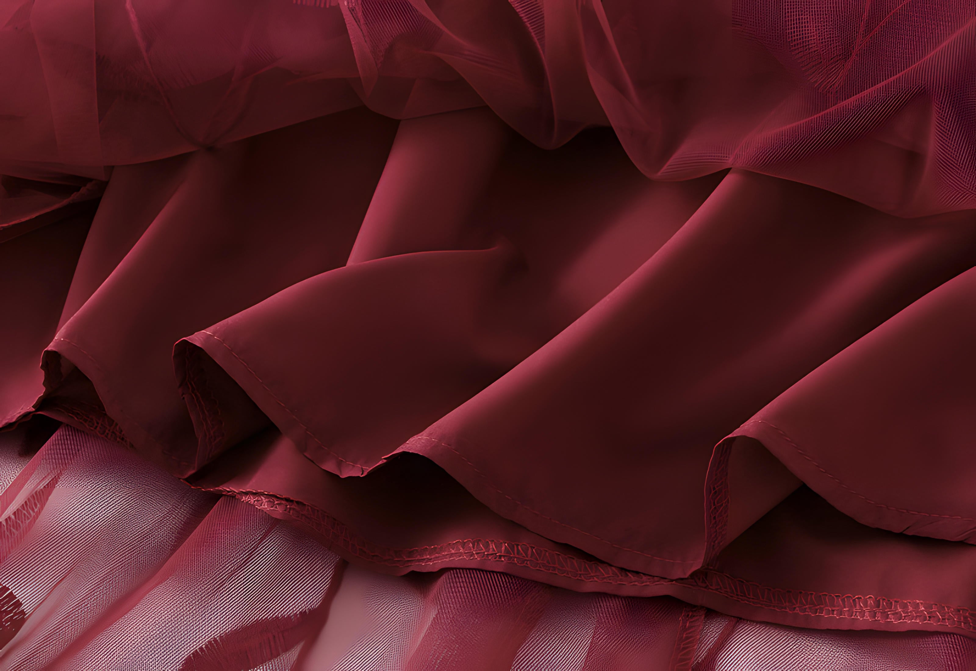 Multilayer Mesh A-Line Skirt With Glittering Leaf Embroidery - 1888_WINE RED