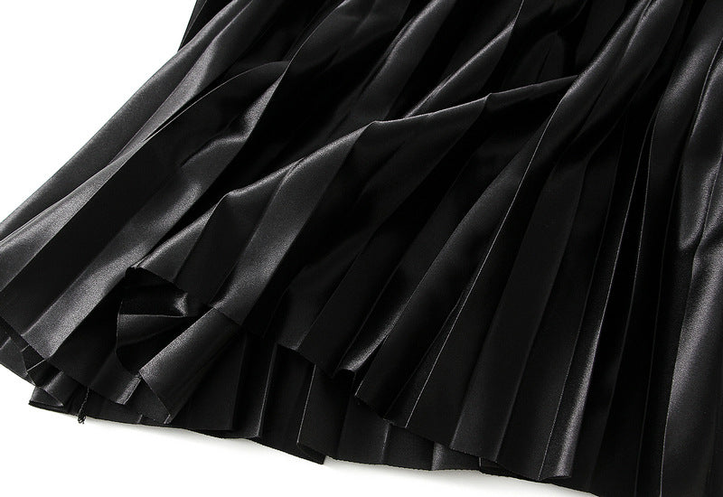 High-Gloss Pleated A-Line Skirt - 8059_BLACK