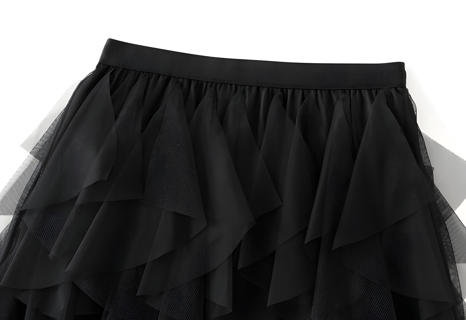 Mesh Gauze Vertical Ripples Short Skirt With Satin Lining - 1682_BLACK
