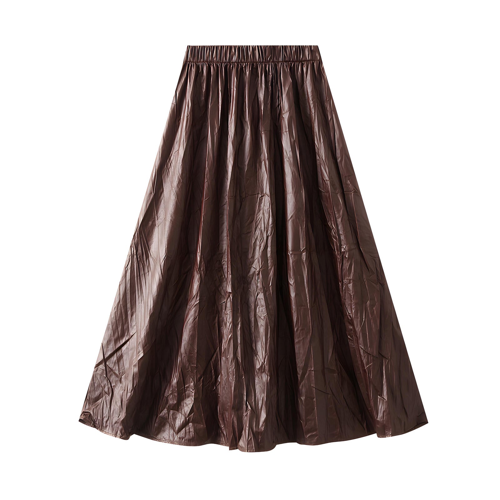 A-Line Crushed Look PU Leather Pleated Khaki Skirt - 8912_KHA