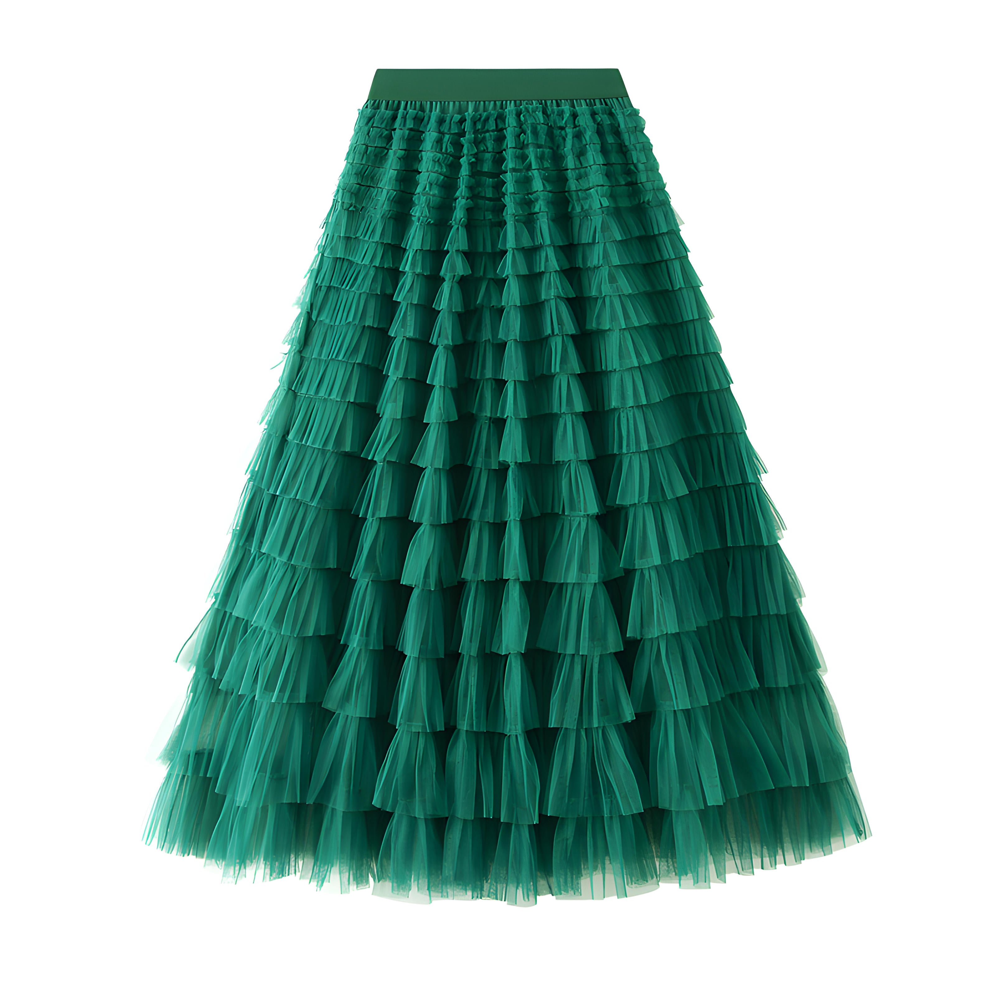 Heavy Mesh Gauze Multilayer Long Skirt With Satin Lining - 2210_DARK GREEN