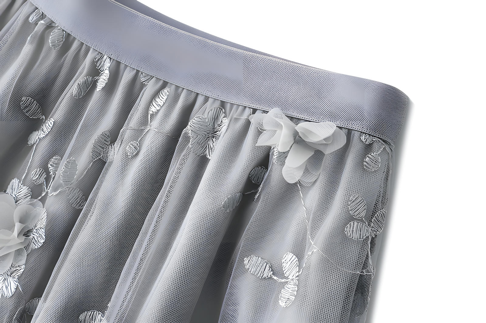 Flower Embellished and Embroidered Mesh A-Line Skirt With Satin Lining - 8692_GREY