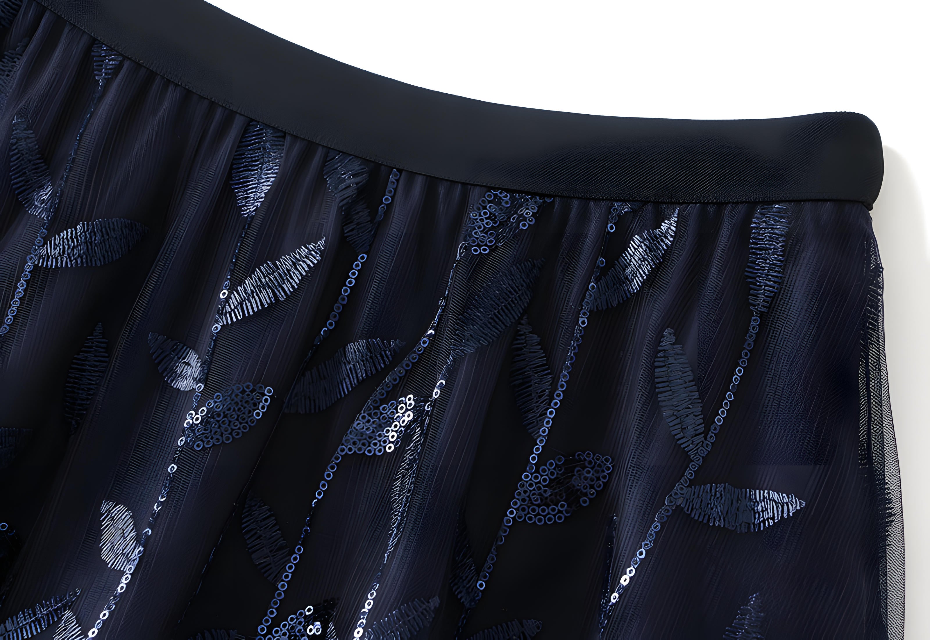 Multilayer Mesh A-Line Skirt With Glittering Leaf Embroidery - 1888_SAPPHIRE