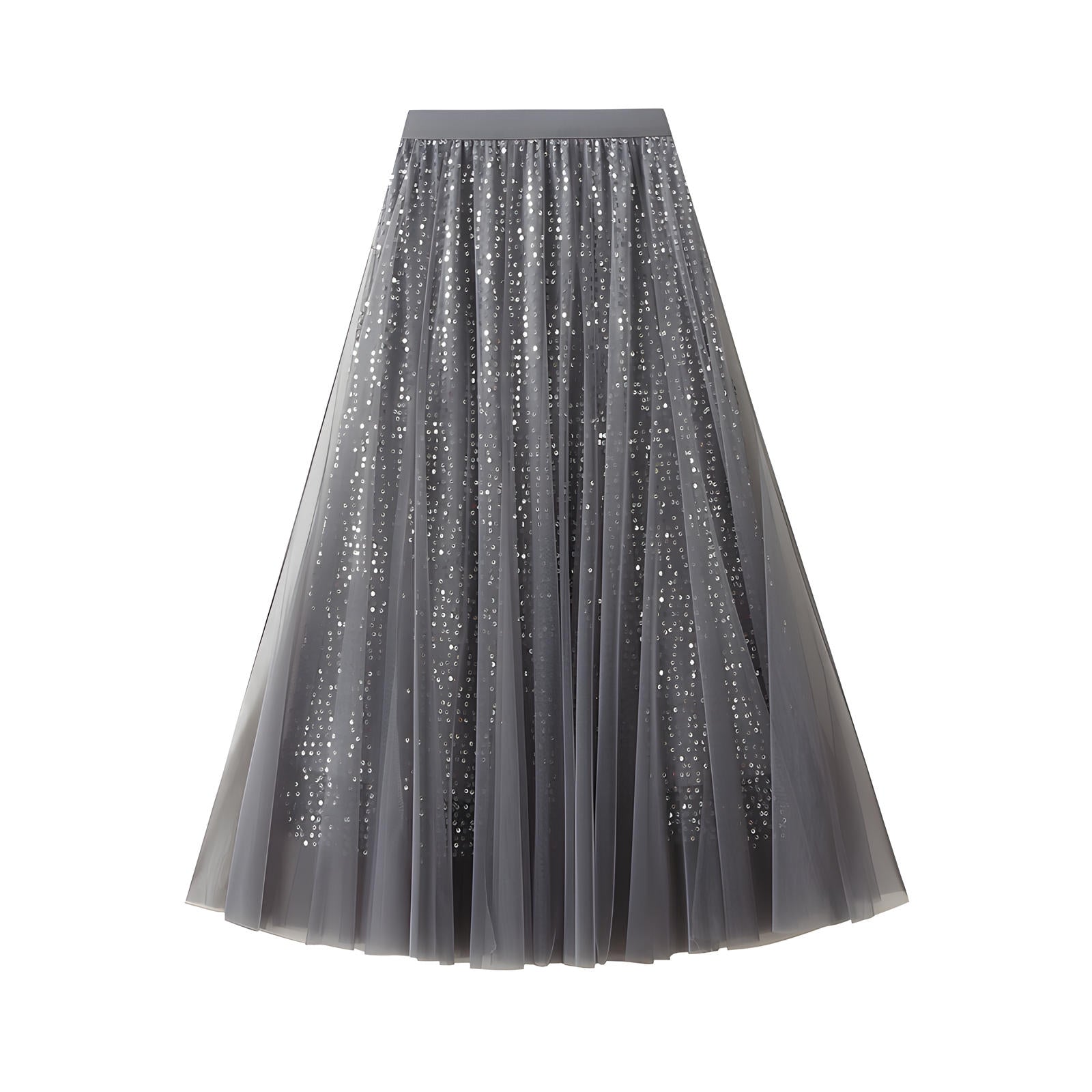 Multilayer Mesh and Sequinned A-Line Skirt with Satin Lining - K503_GREY