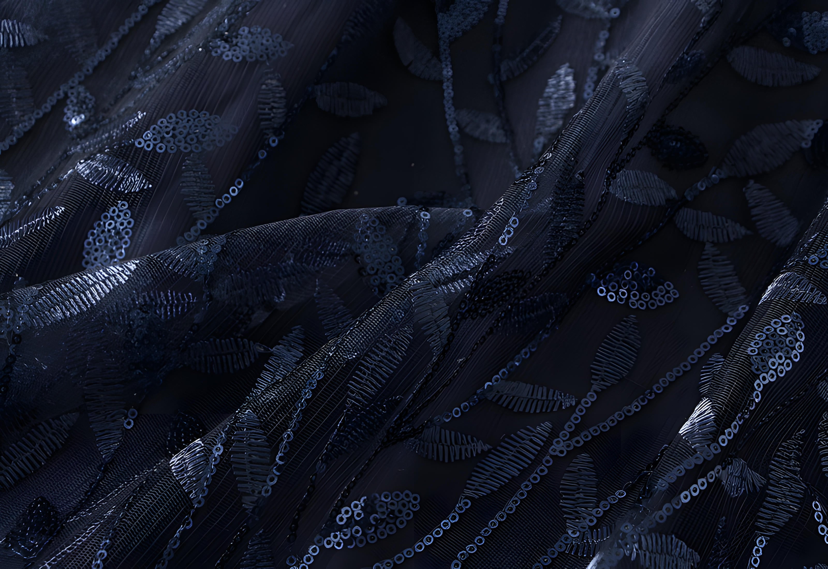 Multilayer Mesh A-Line Skirt With Glittering Leaf Embroidery - 1888_SAPPHIRE