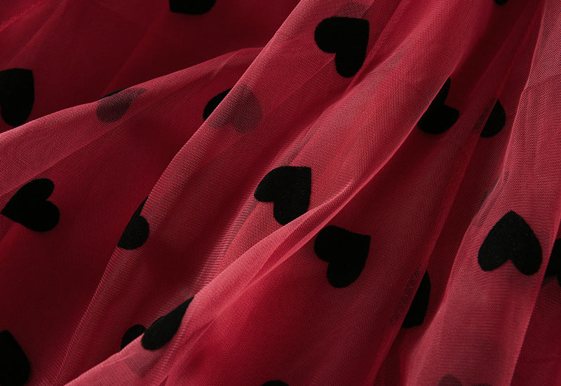 Multilayer Mesh Heart Skirt With Satin Lining - 1200_RED