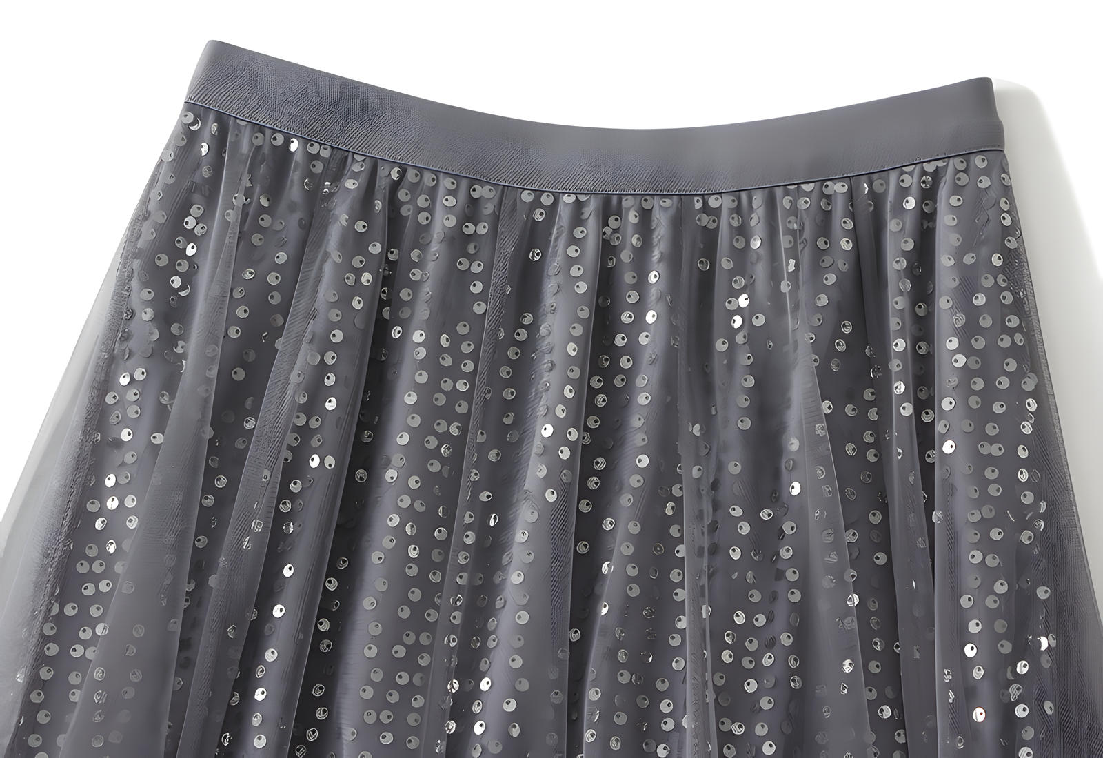 Multilayer Mesh and Sequinned A-Line Skirt with Satin Lining - K503_GREY