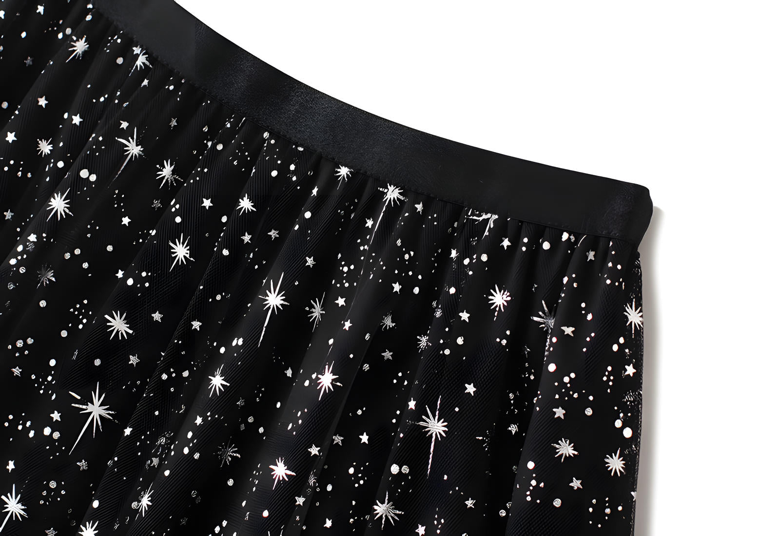 Multilayer Mesh Gauze Sequinned Star Embroidered A Line Skirt	- 9801_BLACK