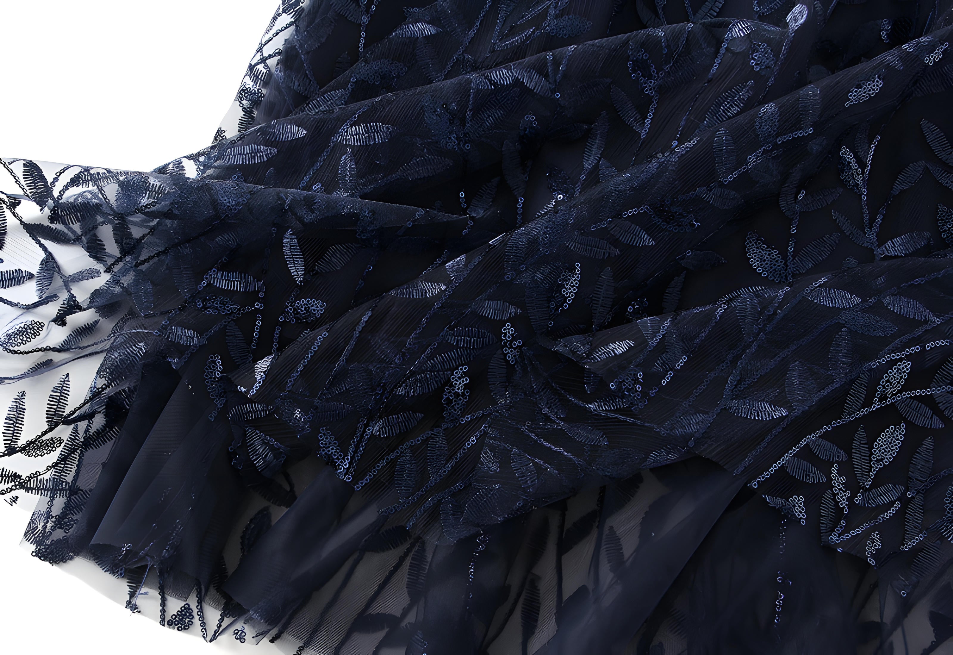 Multilayer Mesh A-Line Skirt With Glittering Leaf Embroidery - 1888_SAPPHIRE