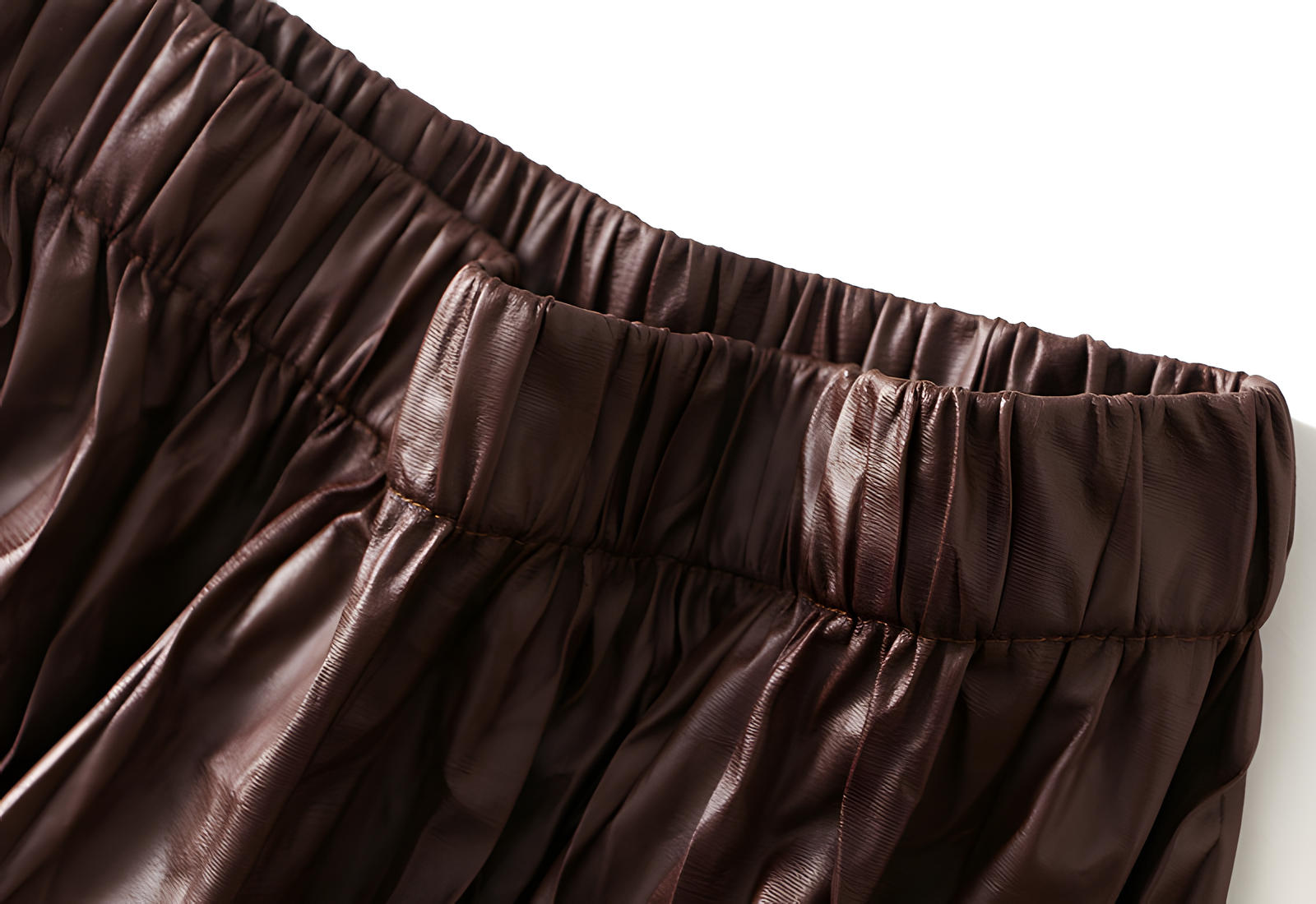 A-Line Crushed Look PU Leather Pleated Khaki Skirt - 8912_KHA