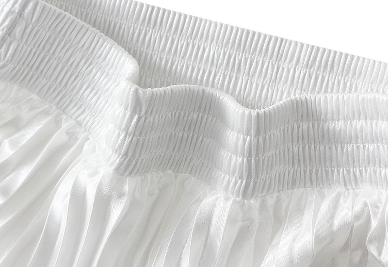 High-Gloss Pleated A-Line Skirt - 8059_WHITE