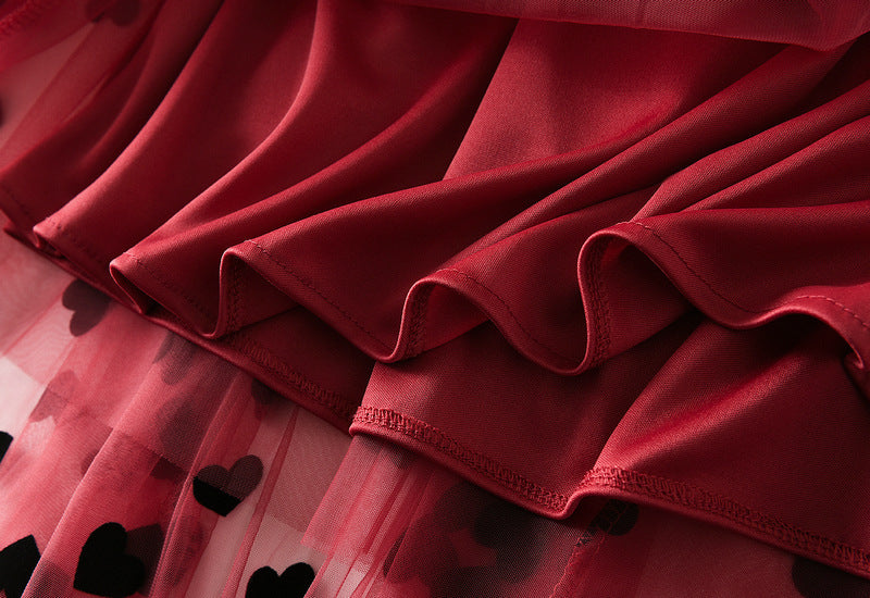 Multilayer Mesh Heart Skirt With Satin Lining - 1200_RED