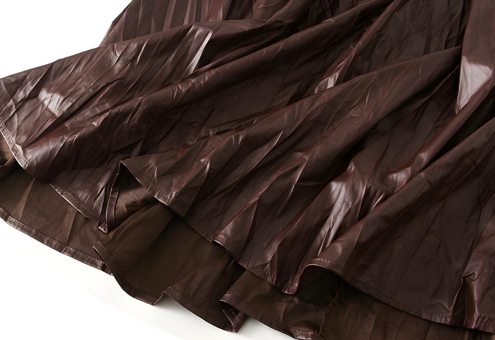 A-Line Crushed Look PU Leather Pleated Khaki Skirt - 8912_KHA