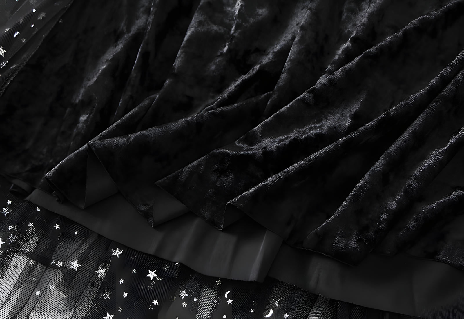 Fluffy Star Sequin Irregular Mesh And Velvet Skirt - 0310_BLACK