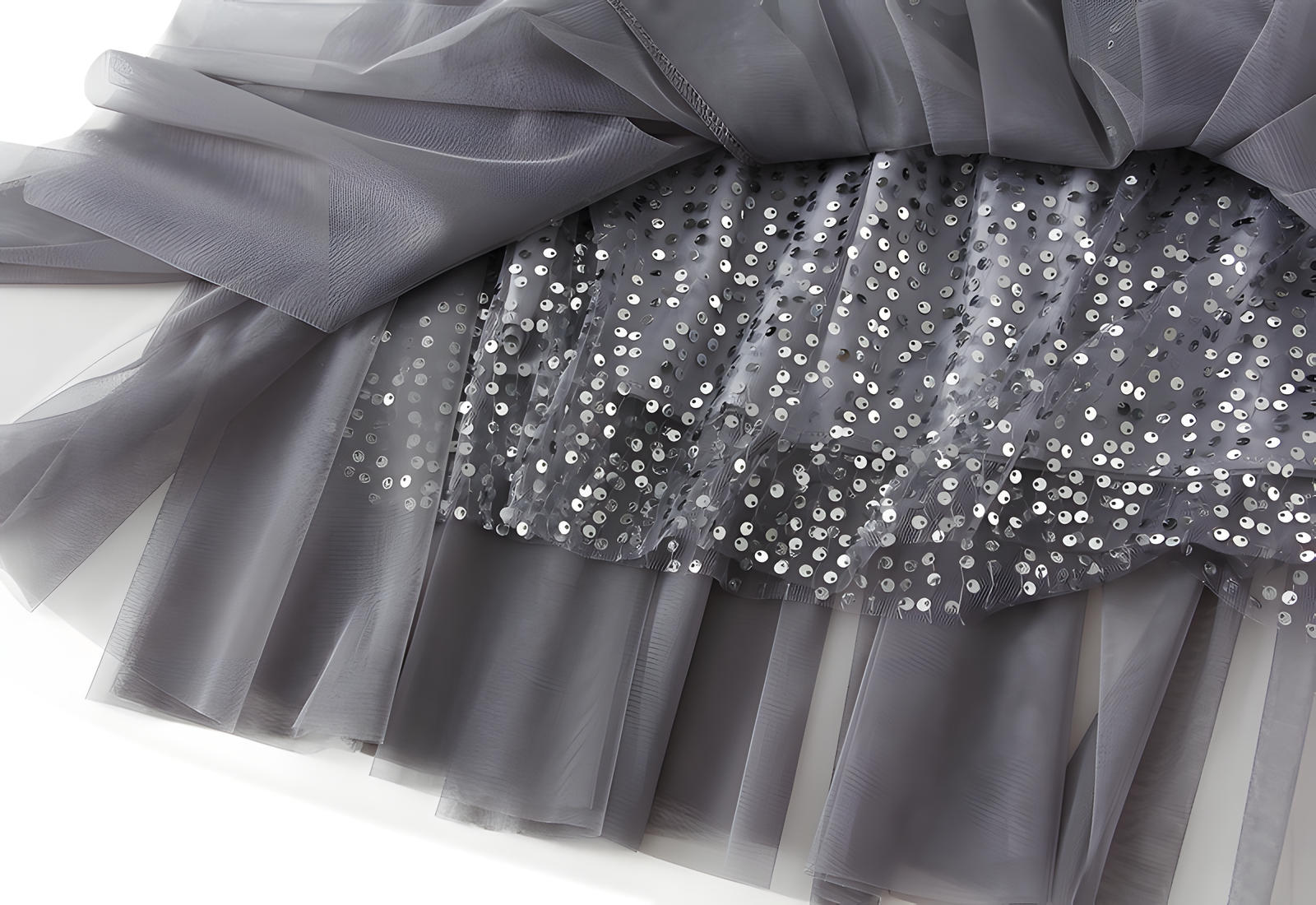 Multilayer Mesh and Sequinned A-Line Skirt with Satin Lining - K503_GREY