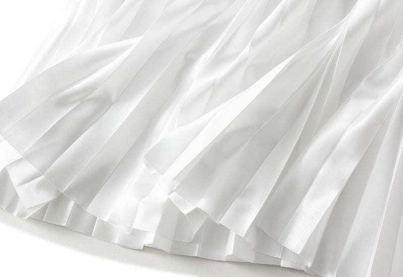 High-Gloss Pleated A-Line Skirt - 8059_WHITE