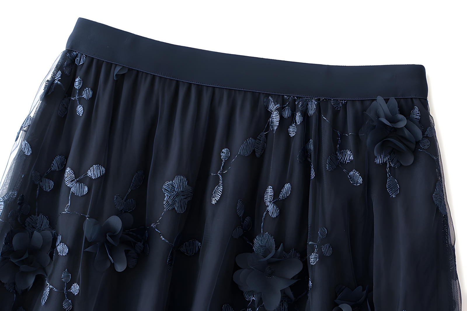 Flower Embellished and Embroidered Mesh A-Line Skirt With Satin Lining - 8692_NAVY