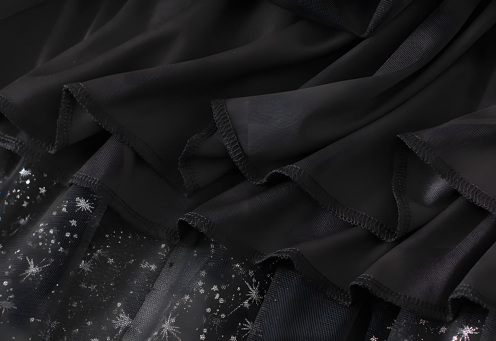 Multilayer Mesh Gauze Sequinned Star Embroidered A Line Skirt	- 9801_BLACK