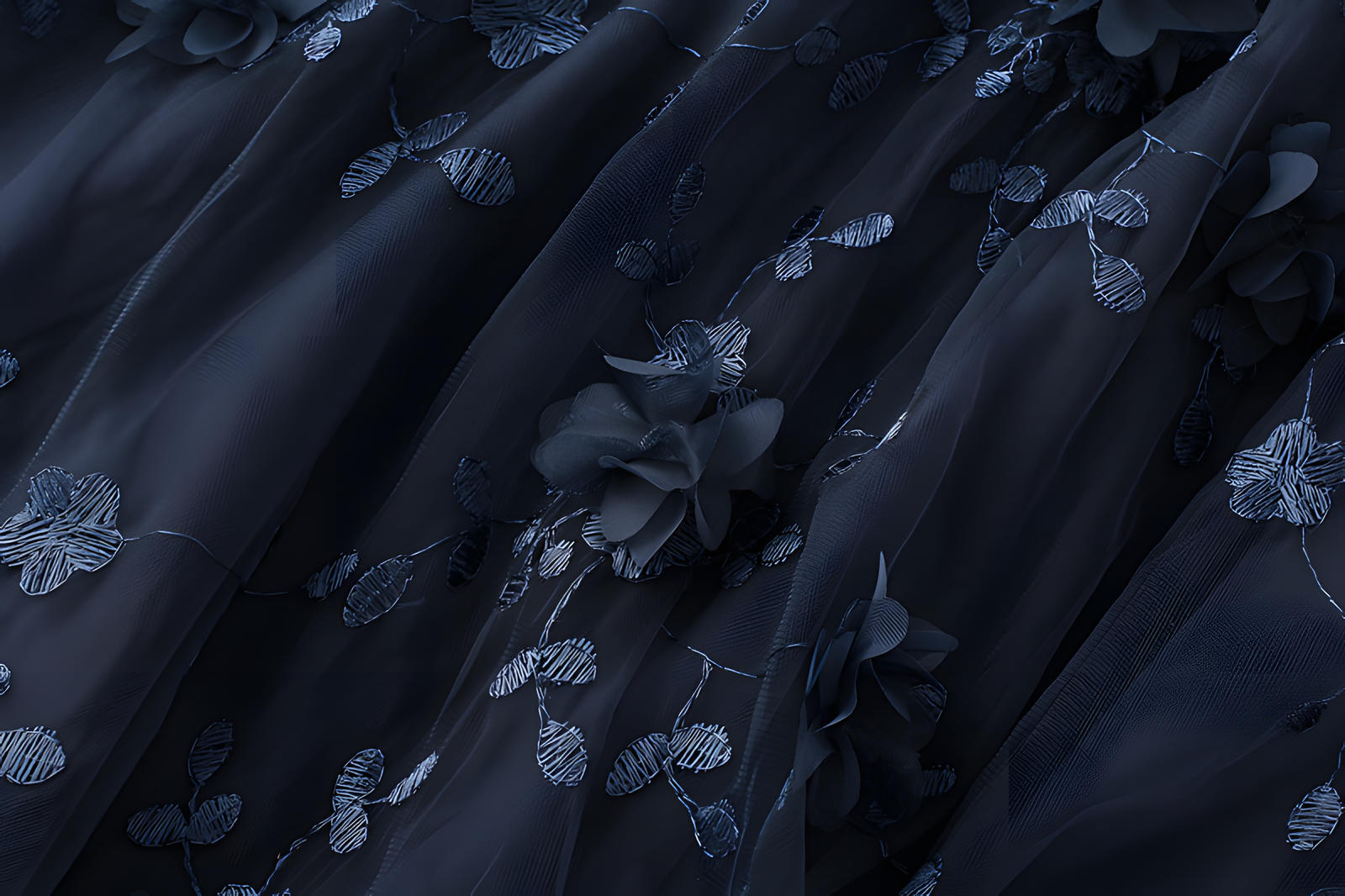 Flower Embellished and Embroidered Mesh A-Line Skirt With Satin Lining - 8692_NAVY