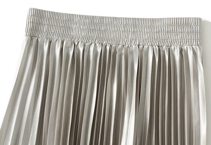 High-Gloss Pleated A-Line Skirt - 8059_GREY