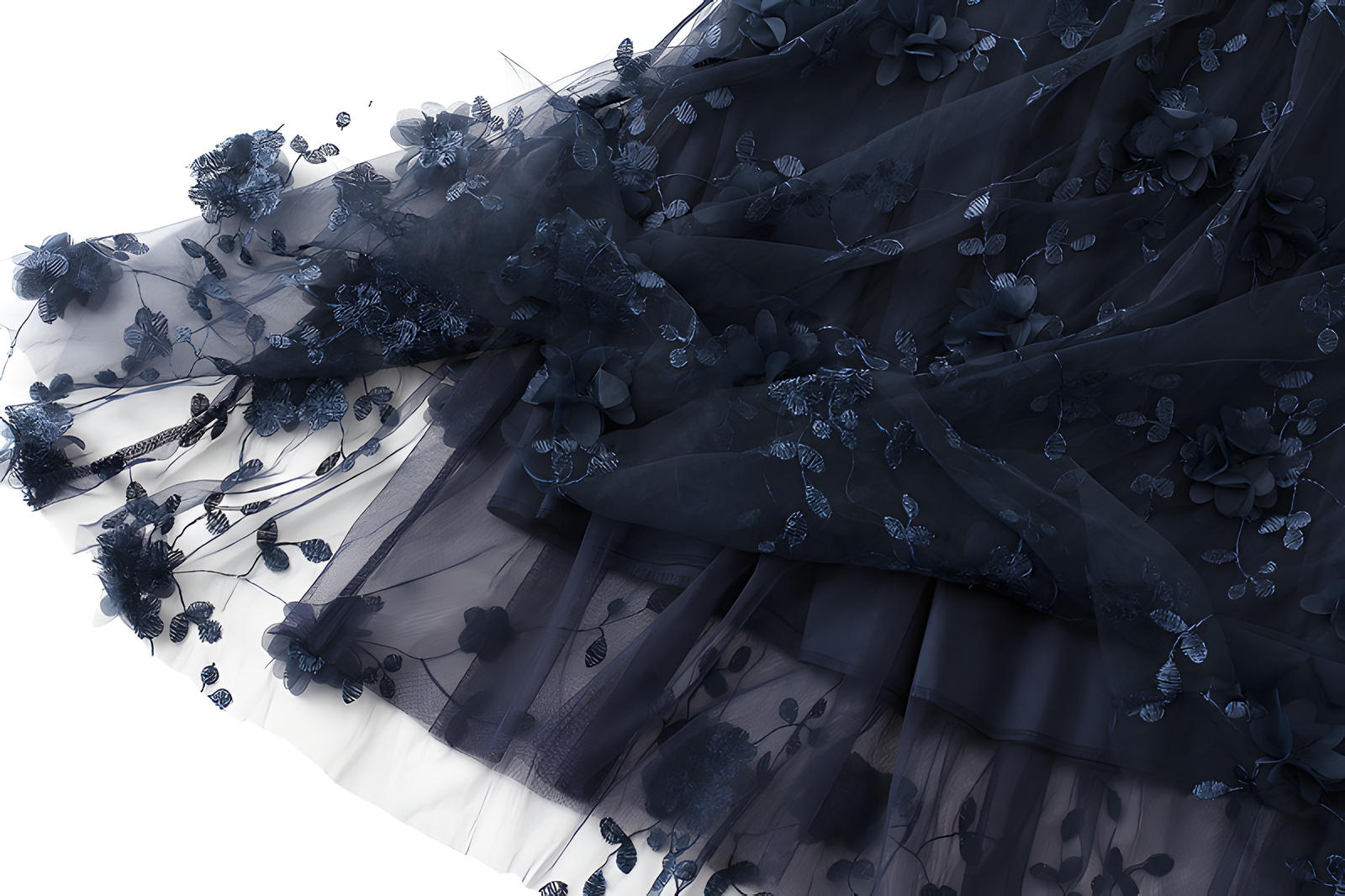 Flower Embellished and Embroidered Mesh A-Line Skirt With Satin Lining - 8692_NAVY