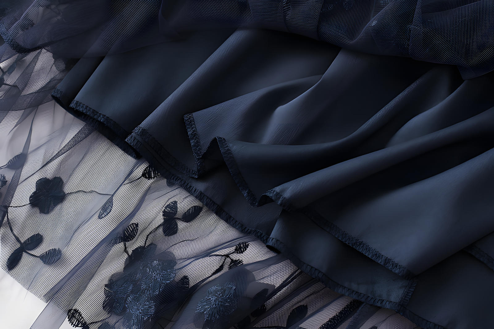 Flower Embellished and Embroidered Mesh A-Line Skirt With Satin Lining - 8692_NAVY