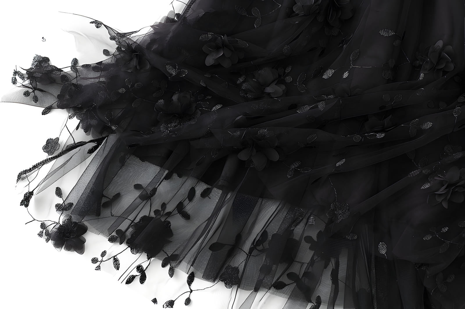 Flower Embellished and Embroidered Mesh A-Line Skirt With Satin Lining - 8692_BLACK