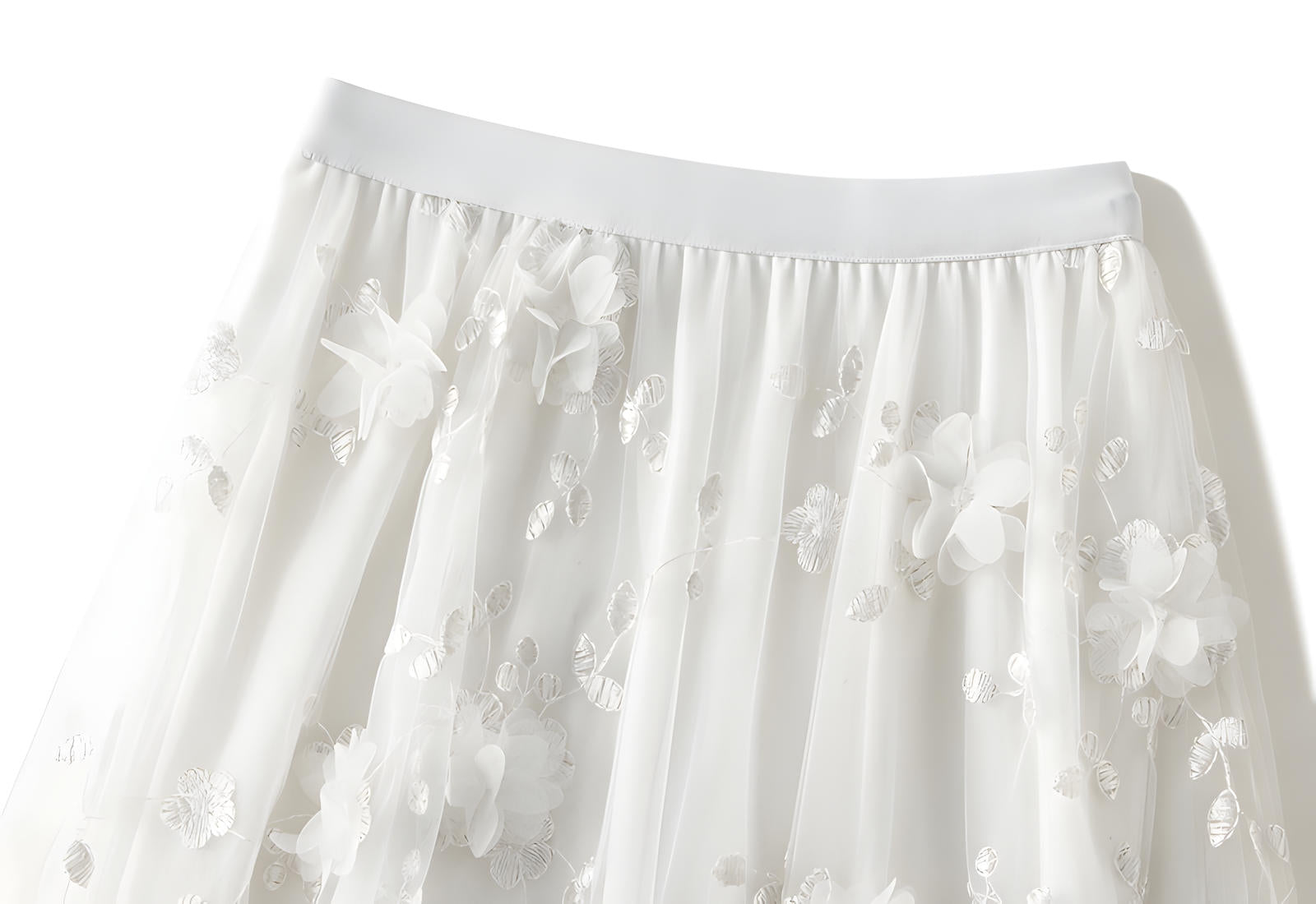 Flower Embellished and Embroidered Mesh A-Line Skirt With Satin Lining - 8692_WHITE