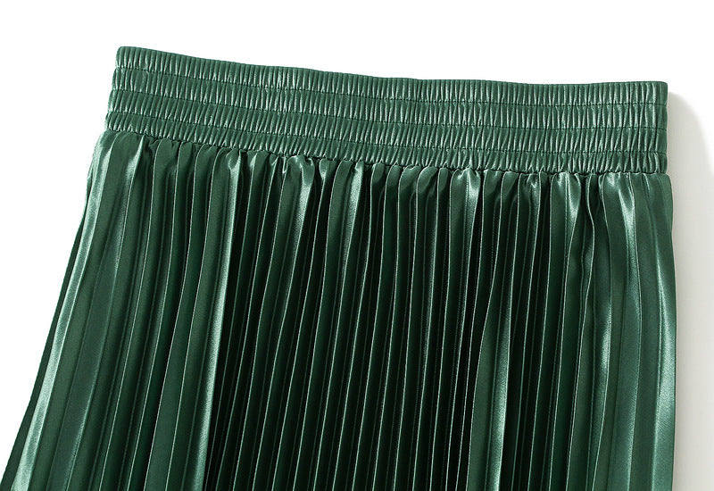 High-Gloss Pleated A-Line Skirt - 8059_GREEN