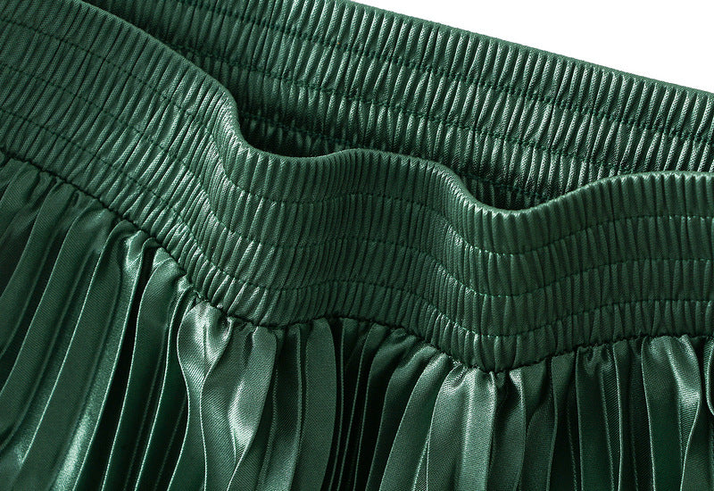High-Gloss Pleated A-Line Skirt - 8059_GREEN