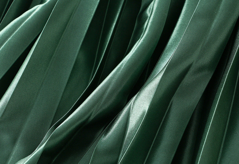 High-Gloss Pleated A-Line Skirt - 8059_GREEN