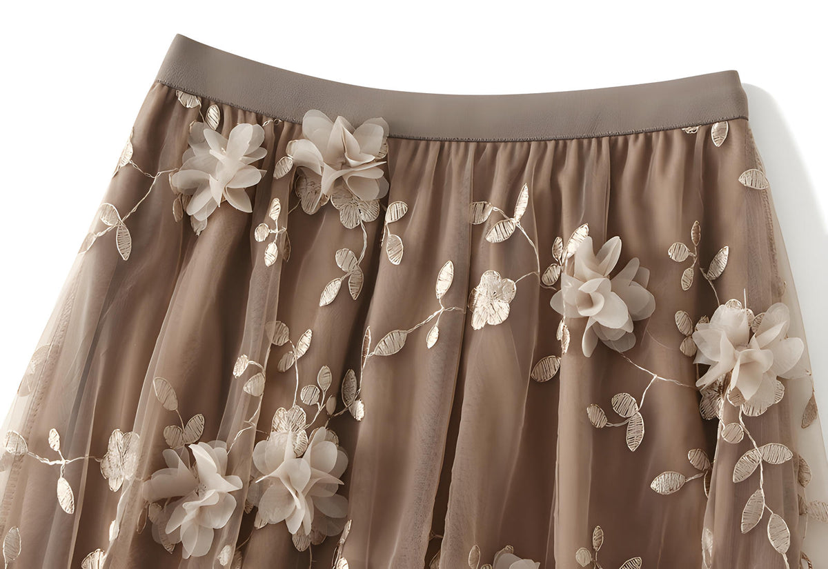 Flower Embellished and Embroidered Mesh A-Line Skirt With Satin Lining 8692_KHAKI